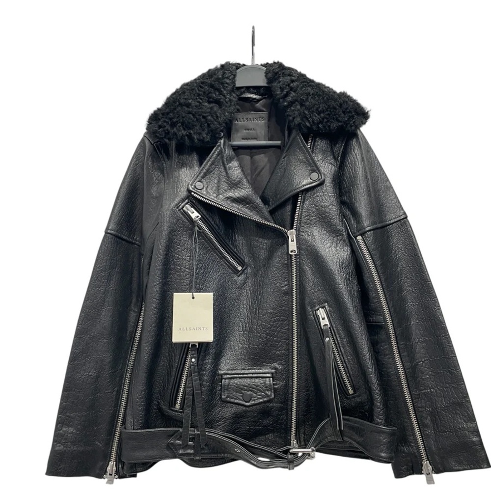 All Saints Black Leather Jacket with Faux Fur Collar